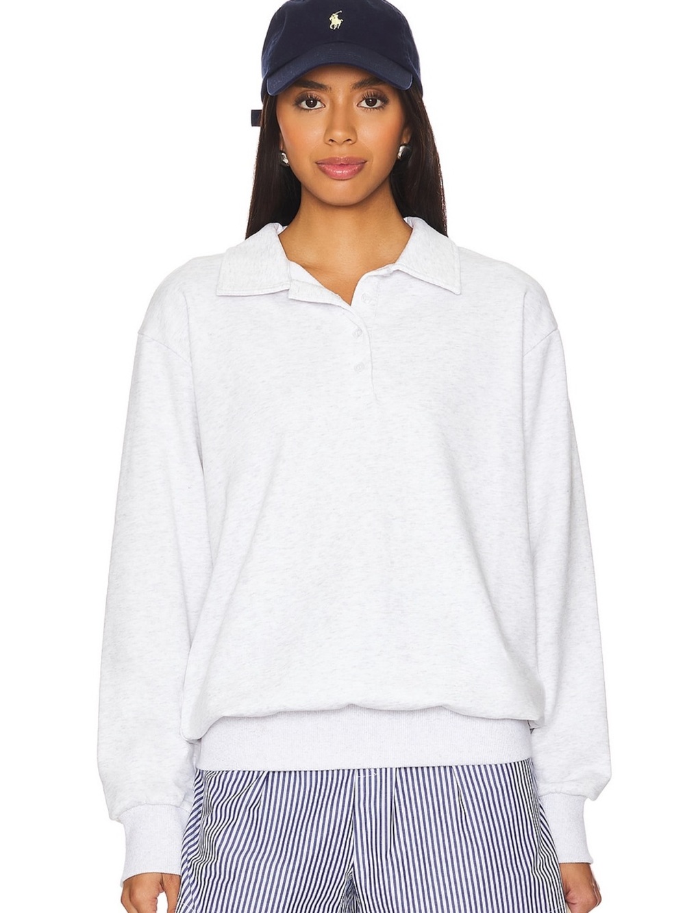 Relaxed White Polo-Collar Pullover Sweatshirt